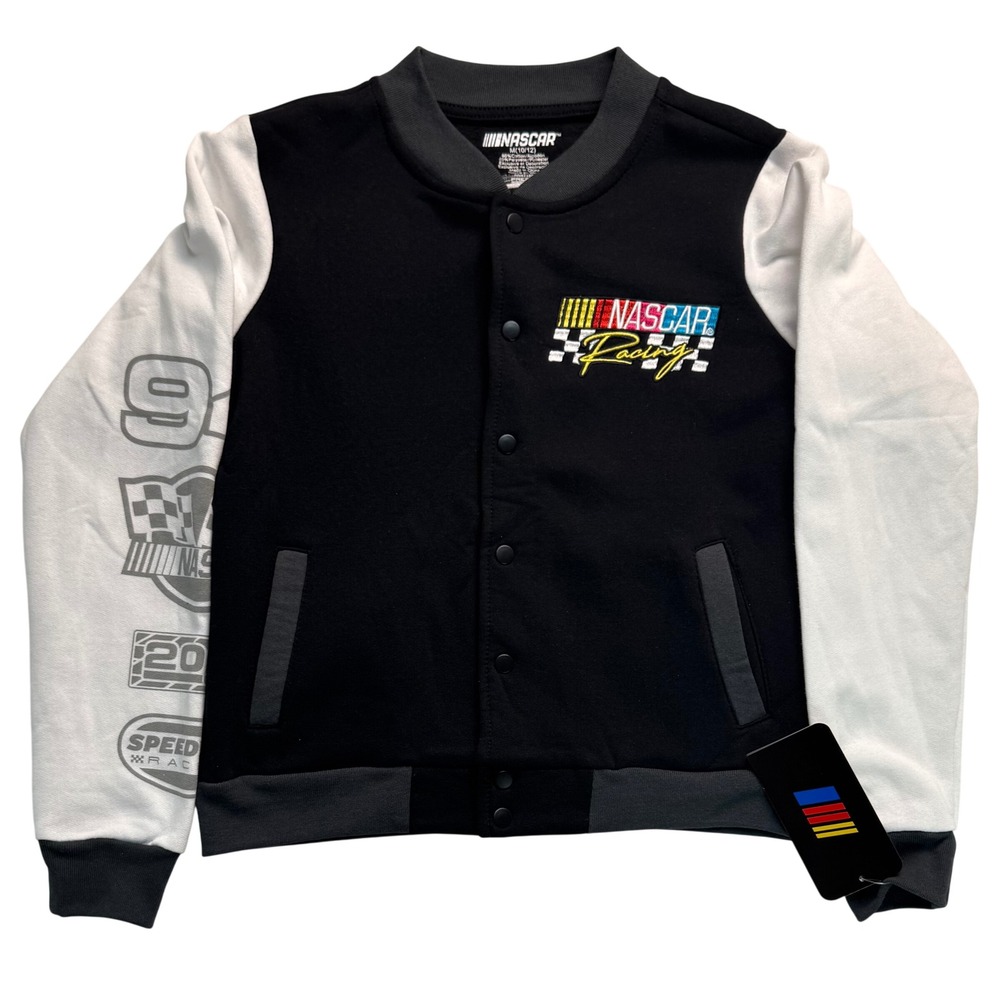 NASCAR Racing Boys Varsity Bomber Jacket Black White Size M 10/12 NEW